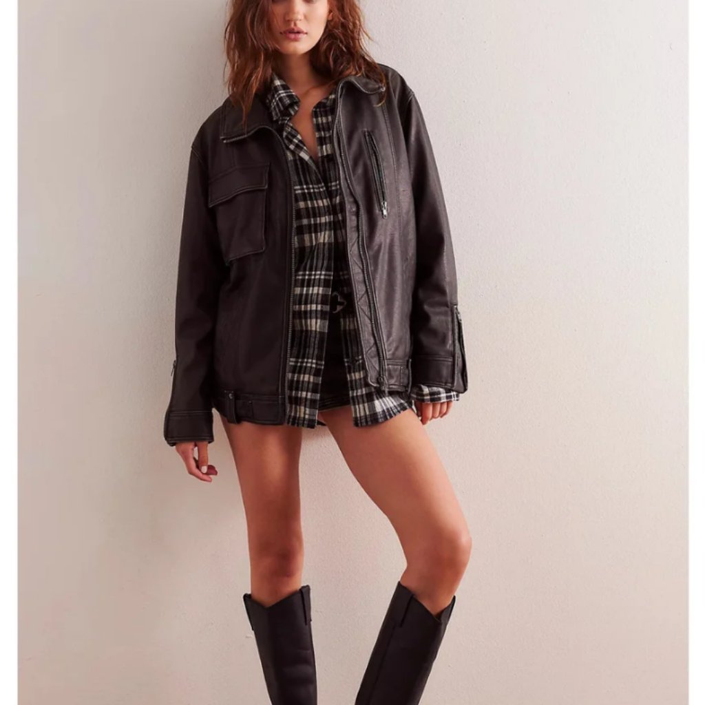 Free People Jacket, Moto Jacket, Vegan Leather Jacket, Oversized Jacket, Black M